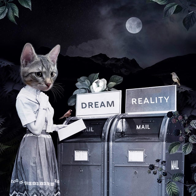 In "Save Our Future II," a surreal juxtaposition unfolds as a figure with a cat's head stands beside two mailboxes labeled...