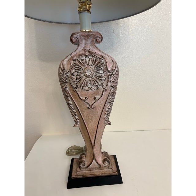 1970s Vintage Pink Rose’ Patterned 3-Way Lamps With Grey Shades- a Pair For Sale - Image 5 of 5