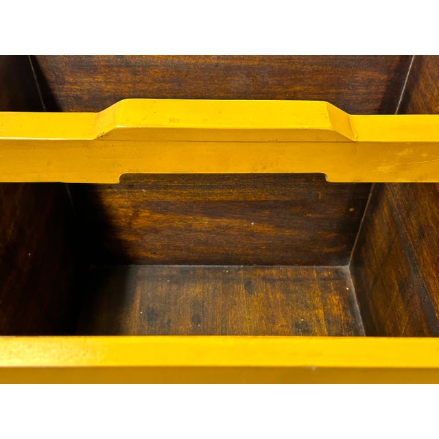 Yellow Chinese Wood Square Distressed Yellow Lotus Graphic Handle Bucket For Sale - Image 8 of 8