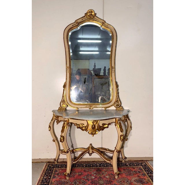 Important Louis XV style curved console table in gilt and lacquered wood Abundant ornamentation with raised motifs White...