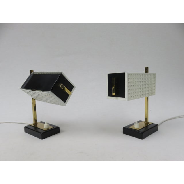 Small Mid-Century Brass, Black & White Bedside Table Lamps, 1950s, Set of 2 For Sale - Image 6 of 18