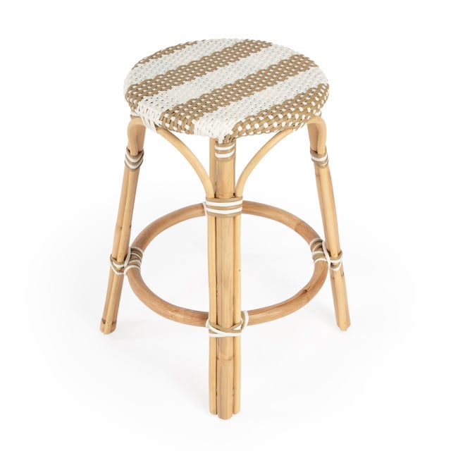 2020s Tobias 24 in. Seat Height Round Rattan Backless Counter Stool, Tan/White Stripe/ Natural Rattan Frame For Sale - Image 5 of 8