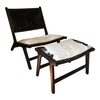 Hide and Wood Lounge Chair and Ottoman For Sale