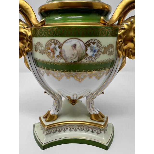 Late 19th Century Antique Royal Bavaria “Louis Seize” Hand-Painted Portrait Urn With Ram Head Handles, Circa 1900 For Sale - Image 5 of 12