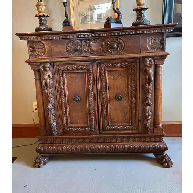 Chestnut Antique Baroque 17th C. Two Door Carved Cabinet on Carved Paw Feet. 45.5l X 16.5d X 43.5h For Sale - Image 8 of 9