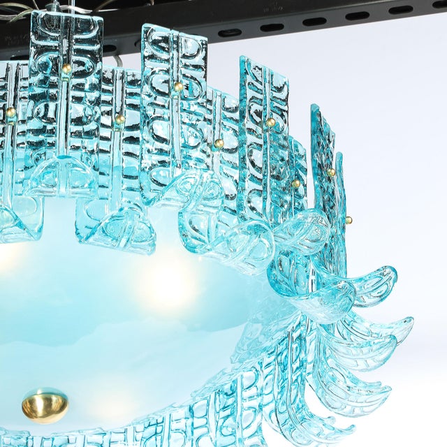 Modernist Hand-Blown Aquamarine Murano Glass Chandelier With Frosted Diffuser For Sale In New York - Image 6 of 18