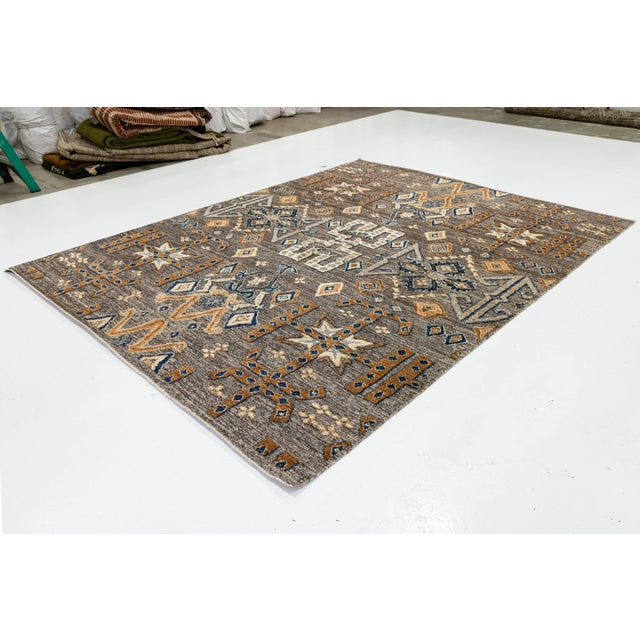 Modern Tulu Tribal Wool Rug – Geometric Charcoal, Tan & Slate Blue 9x12 For Sale - Image 11 of 11