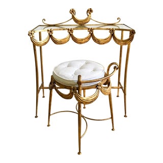 Vintage Gilded Petite French Floral and Bunting Draping Embellishments Vanity and Matching Stool For Sale