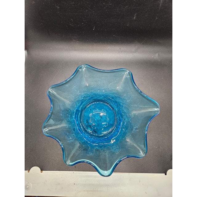 Vintage Blenko Blue Crackle Glass Ruffled Bowl