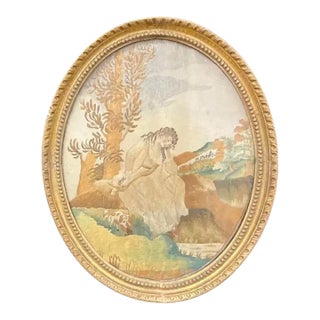 Georgian Oval Silk Embroidery of Girl With Her Dog, Framed For Sale