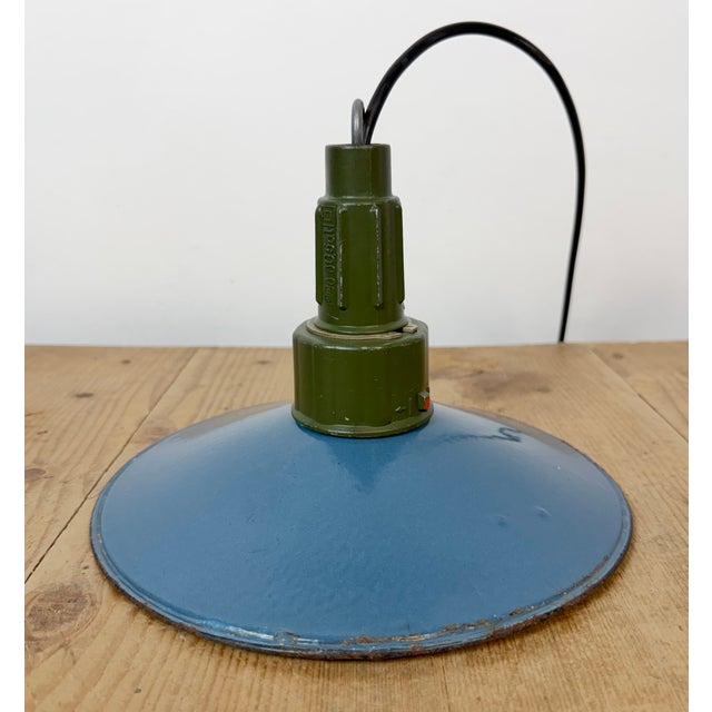 Industrial Blue Enamel Military Pendant Lamp with Cast Aluminium Top, 1960s For Sale - Image 10 of 17