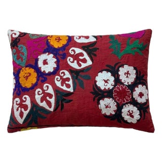 Hand Embroidered Suzani Lumbar Pillow Cover 20'' X 28'' For Sale