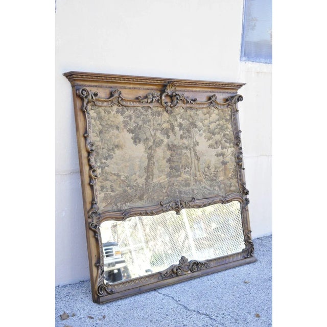 Antique French Louis XV Style Large Overmantle Trumeau Mirror with Tapestry. Item features a large impressive size, relief...
