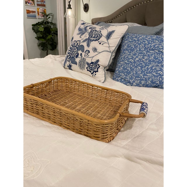 Palm Beach Vintage Wicker Basket Serving Tray With Porcelain White and
