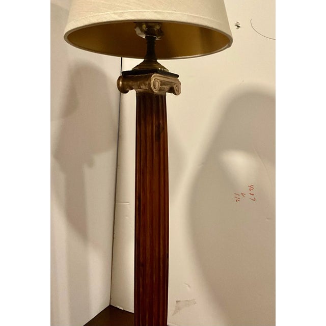 Vintage Column Hand Carved Chestnut Table Lamp With Restoration Hardware Sand Linen / Gold Lining Shade For Sale - Image 4 of 11