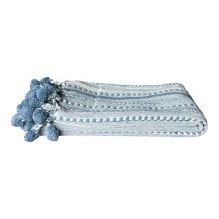 Azul Hand-Loomed Cotton Pom-Pom Throw For Sale