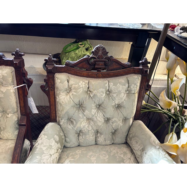 Ornate Antique Victorian - Style Carved Wood Sette and Two Matching Chairs For Sale - Image 14 of 16