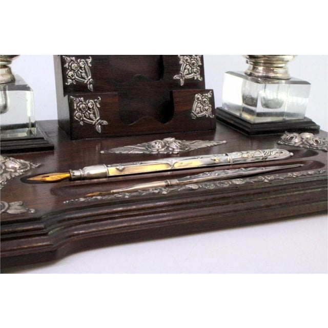 Rosewood and Glass Inkwell with Silver Applications, Pens, Business Card Holder and Feet For Sale - Image 3 of 8