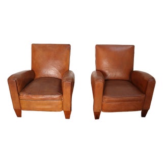 Pair of French Art Deco Leather Angled Back Club Chairs With Nailhead Decoration For Sale