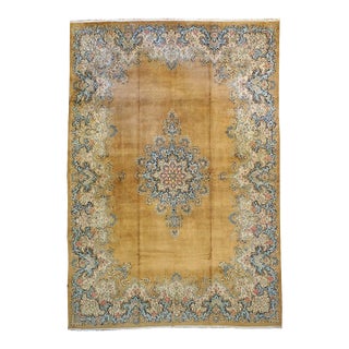 Antique Persian Kerman Wool 10x14 Gold, Blue & Ivory Handmade Area Rug #9901155 For Sale