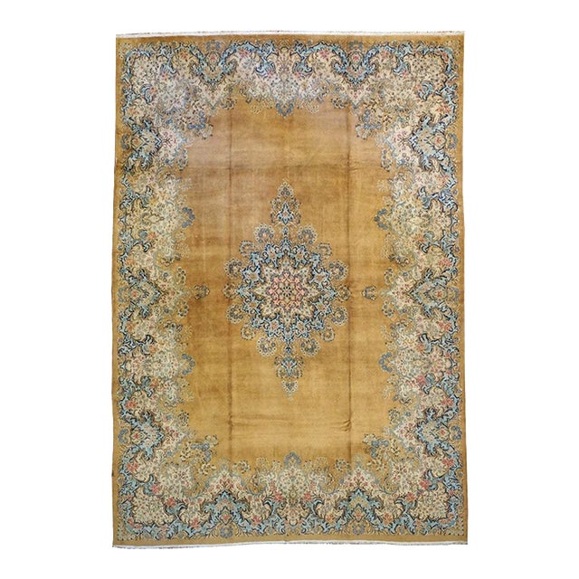 Antique Persian Kerman Wool 10x14 Gold, Blue & Ivory Handmade Area Rug #9901155 For Sale