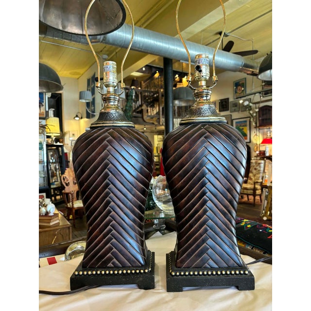 1990s Brown Leather Strips Look Table Lamps With Large Stylized Finials - a Pair For Sale - Image 10 of 10