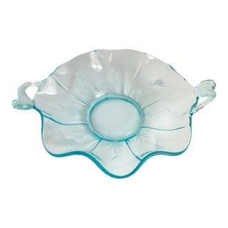 Vintage Fenton Dolphin Glass Aquamarine Blue Handled Dish Etched Bowl Koi Fish Sea Creature For Sale