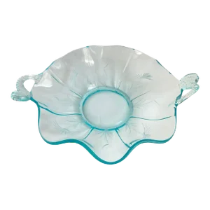 Vintage Fenton Glass Aquamarine Blue Handled Dish Etched Bowl Koi Fish Dolphin Sea Creature
