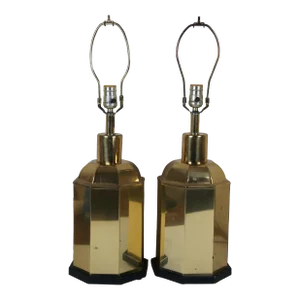 Mid 20th Century Chinoiserie Hollywood Regency Octagonal Brass Tea Caddy Canister Table Lamps - a Pair