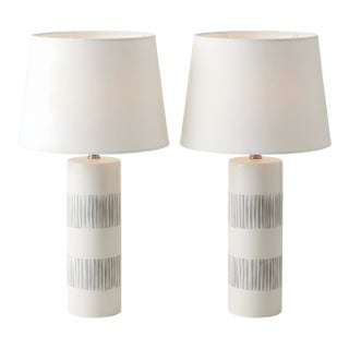 Pair of Blue and White Vintage Brush Stroke Striped Ceramic Lamps With Empire Shades For Sale