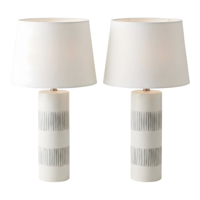 Pair of Blue and White Vintage Brush Stroke Striped Ceramic Lamps With Empire Shades For Sale