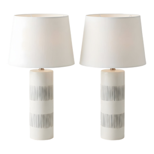 Pair of Blue and White Vintage Brush Stroke Striped Ceramic Lamps With Empire Shades