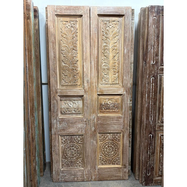 1920s Antique Floral Carved Pantry Doors | Rustic Farmhouse Double Doors | Hand-Carved Wood Hinged or Sliding Entry For Sale - Image 5 of 7