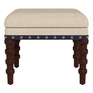 Bunny Williams Home Navy Tape Stool in Sea Foam Performance Woven Fabric - Sample For Sale