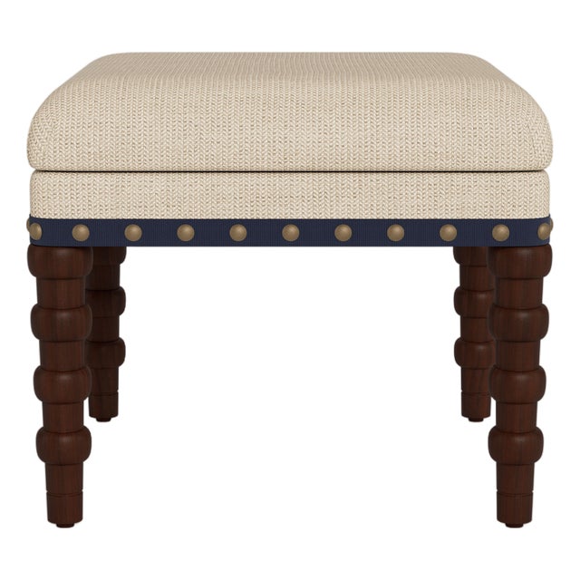 Bunny Williams Home Navy Tape Stool in Sea Foam Performance Woven Fabric - Sample For Sale
