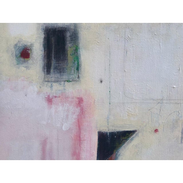 An abstract composition in primarily red and black, with small flashes of accenting color here and there and pentimento in...