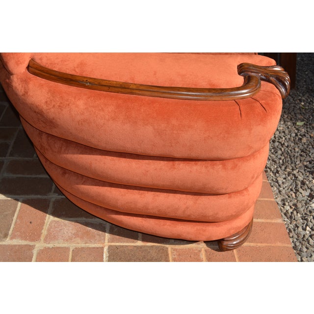 1950s Art Deco Large Orange Club / Accent Arm Chair With Wood Trim & Rounded Ribbed Sides For Sale - Image 4 of 15