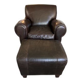 Manhattan Roll Arm Top-Grain Leather Club Chair & Ottoman – Mitchell Gold + Bob Williams for Pottery Barn For Sale