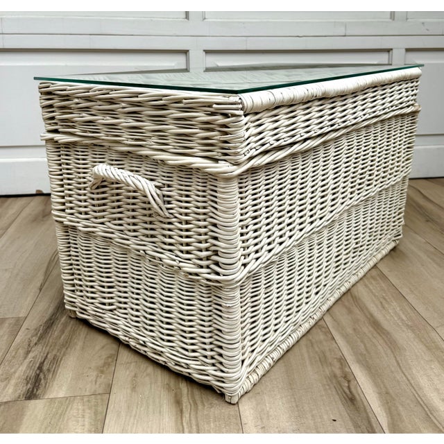 This vintage white wicker storage chest is one of those wonderfully versatile pieces that works almost anywhere. Topped...