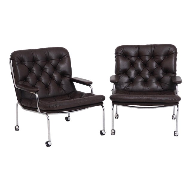 Armchairs in Leather and Chromed Steel, 1960s, Set of 2 For Sale
