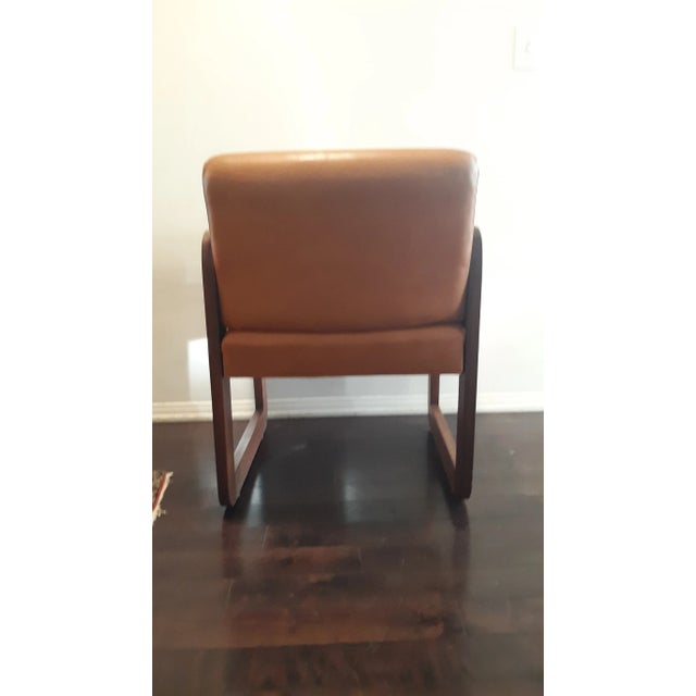 Vintage Solid Wood Library Armchair With Dark Honey Brown Vinyl For Sale - Image 4 of 11