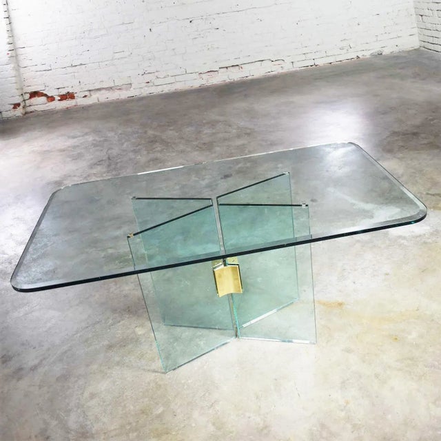 Modern All Glass Dining Table With Brass Plated Connector Attributed to the Pace Collection For Sale - Image 3 of 13