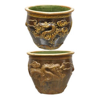 Antique Chinese Brown Glazed Ceramic Pottery Dragon Cachepot Jardinière - Pair For Sale