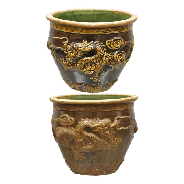 Antique Chinese Brown Glazed Ceramic Pottery Dragon Cachepot Jardinière - Pair For Sale