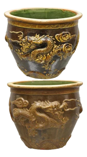 Antique Chinese Brown Glazed Ceramic Pottery Dragon Cachepot Jardinière - Pair