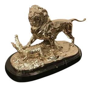Nickel Bronze Sculpture of Lion Crushing Alligator by Paul Edouard Delabrierre