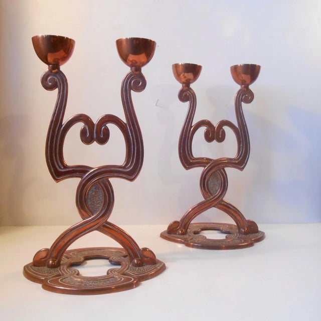 Antique Danish Art Nouveau Copper Candelabras, Set of 2 For Sale - Image 5 of 5