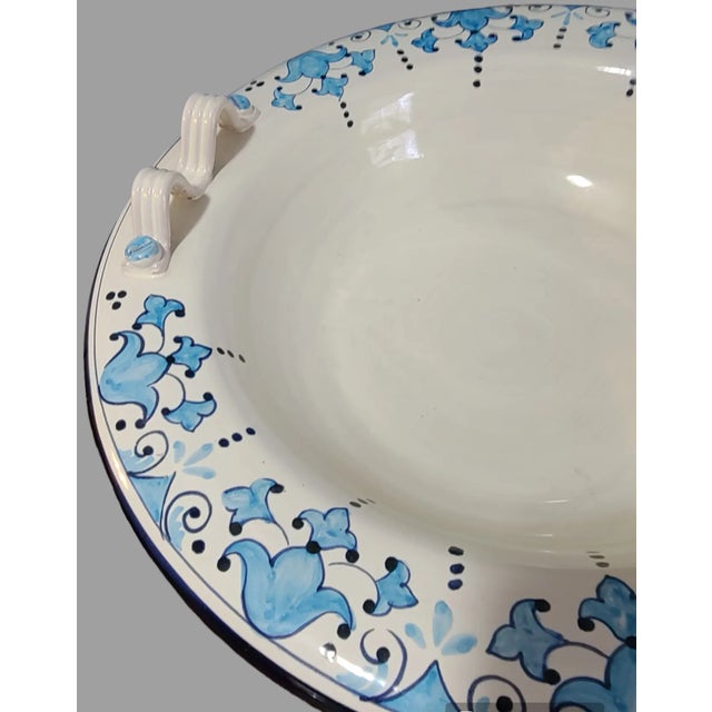 Large Late 20th Century Hand Painted Pottery Blue & White Center Piece Bowl Made in Italy For Sale - Image 6 of 10
