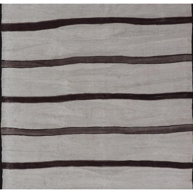Vintage Turkish Kilim Rug in Soft Beige and Dark Brown Stripes For Sale - Image 4 of 11