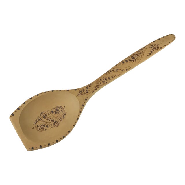 Folk Art Wood Burned Etched Serving Spoon For Sale
